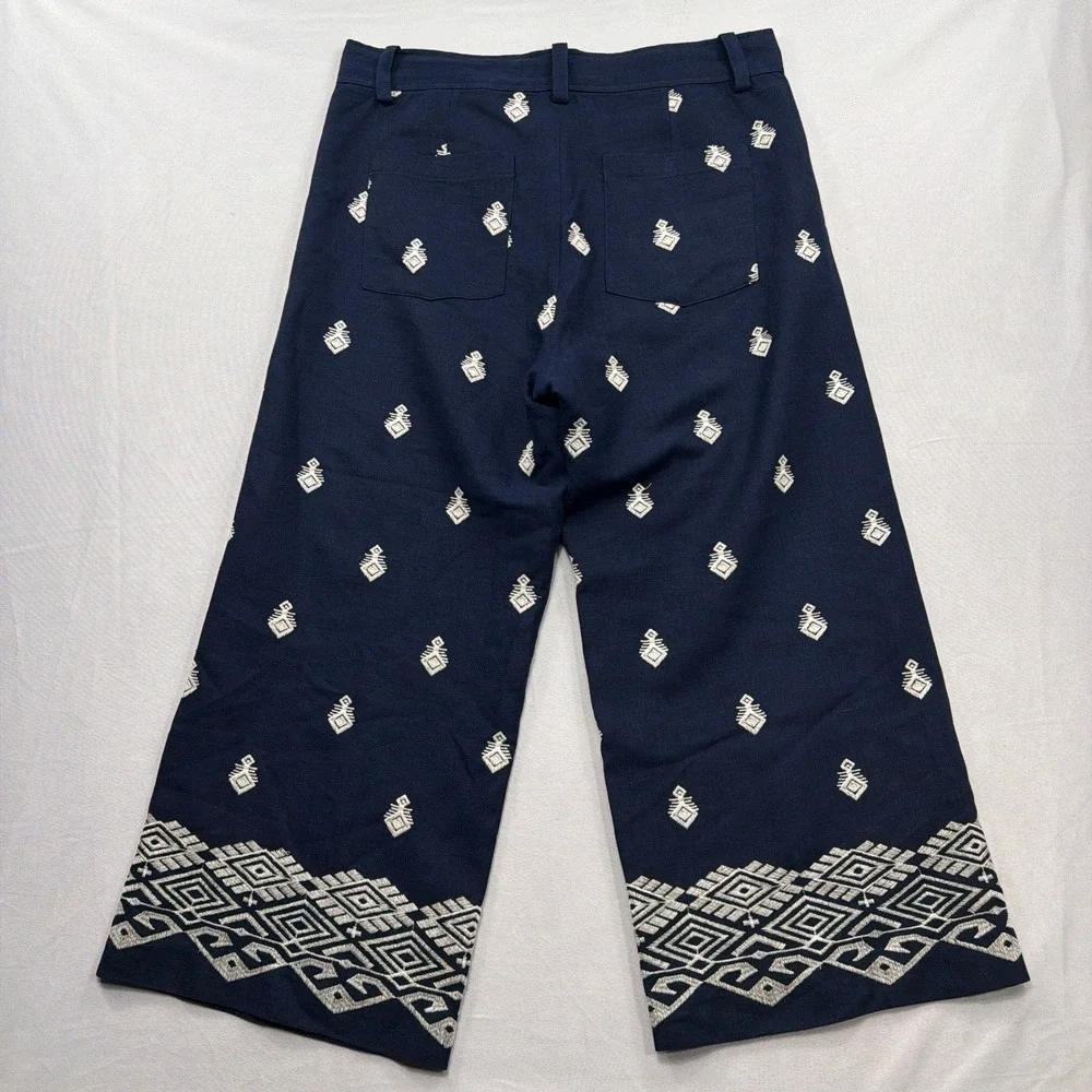 Zara Pants Embroidered Linen Blend Wide Leg Cropped Navy Blue Women XL